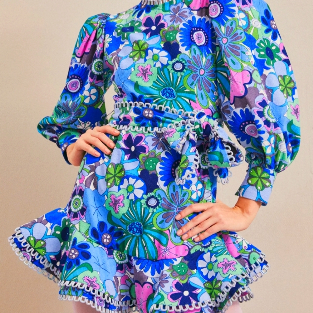 CELIA MULTICOLOR YAHOE PUFF SLEVES LONG SLEEVE FITTED DRESS SIZE small 4-6